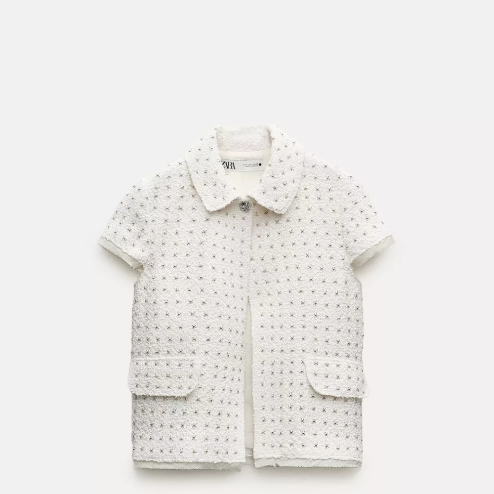 Zara Cream Textured Short Sleeve Jacket